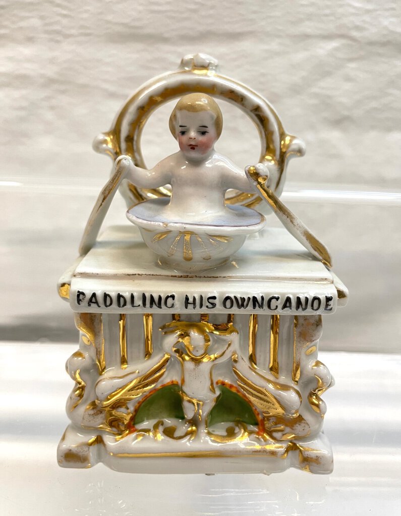 Vintage Victorian Fairing Trinket Box - "Paddling His Own Canoe"