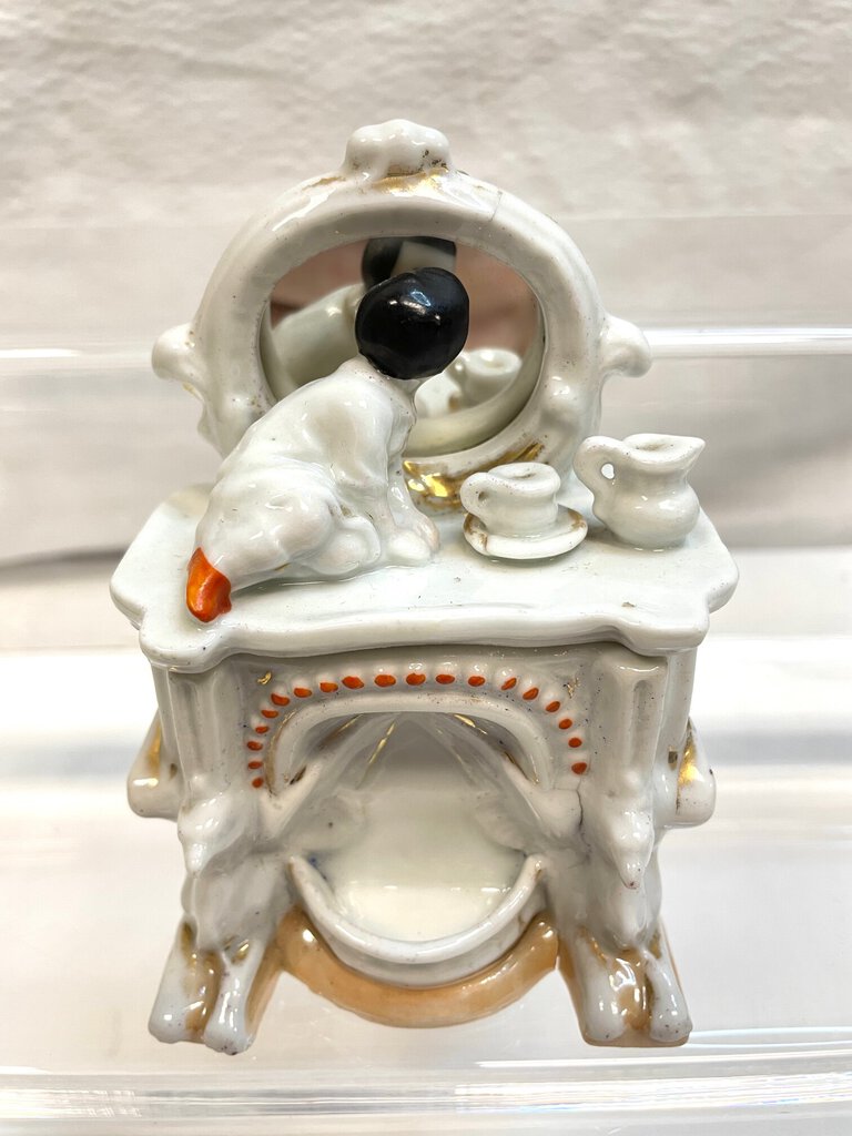 Vintage Victorian Fairing Trinket Box - Child looking in Mirror