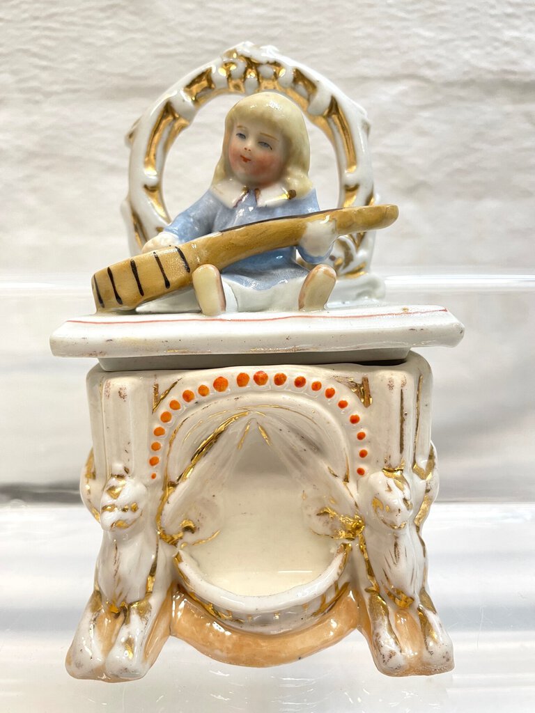 Vintage Victorian Fairing Trinket Box - Young Child with Guitar