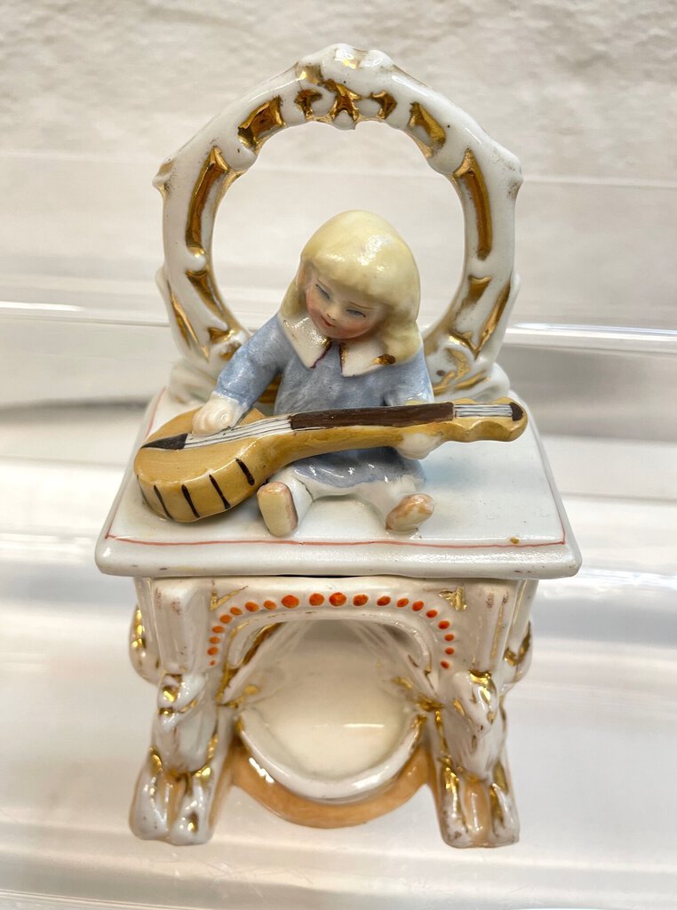 Vintage Victorian Fairing Trinket Box - Young Child with Guitar