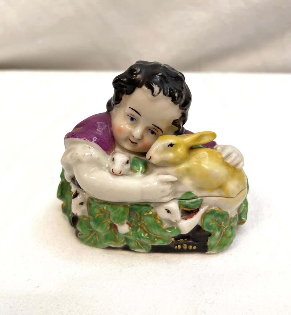 Vintage Victorian Fairing Trinket Box - Girl with Rabbits