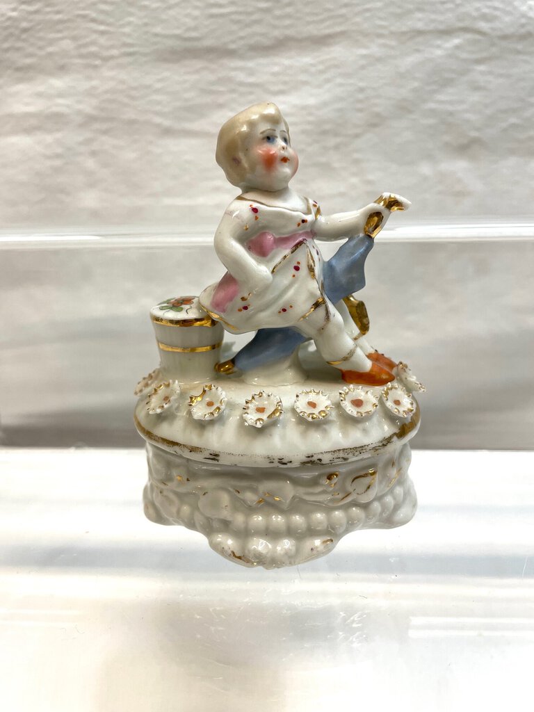 Vintage Victorian Fairing Trinket Box - Girl Riding an Umbrella