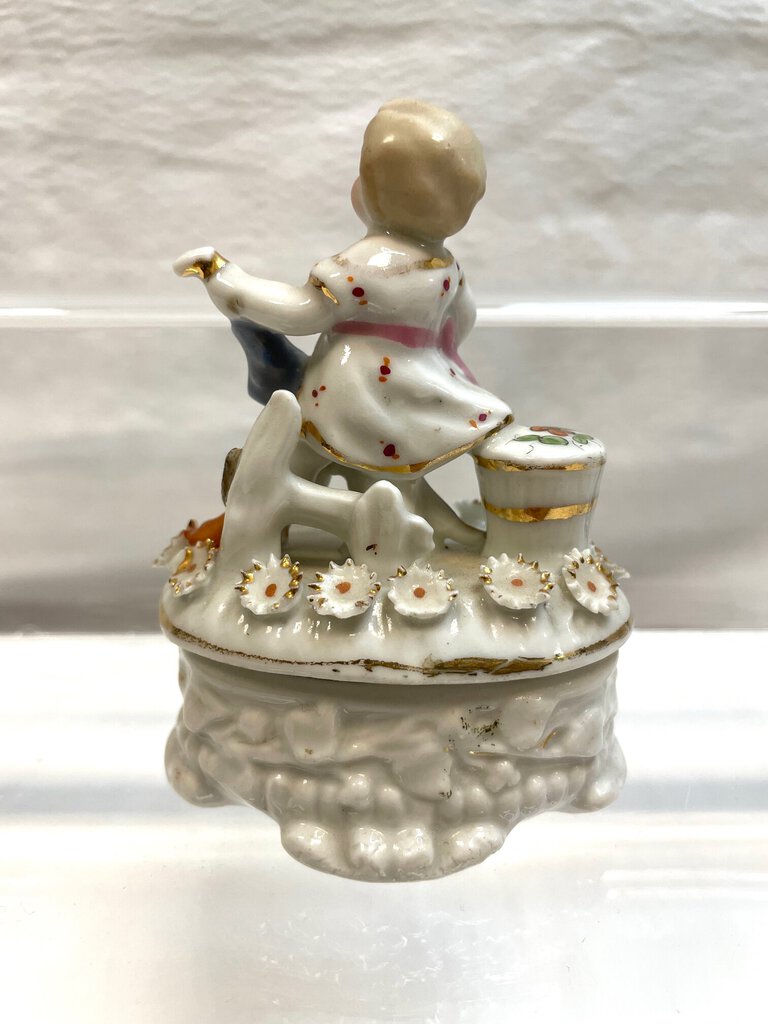 Vintage Victorian Fairing Trinket Box - Girl Riding an Umbrella