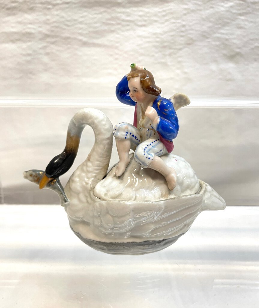 Vintage Victorian Fairing Trinket Box - Angel Riding a Fishing Swan