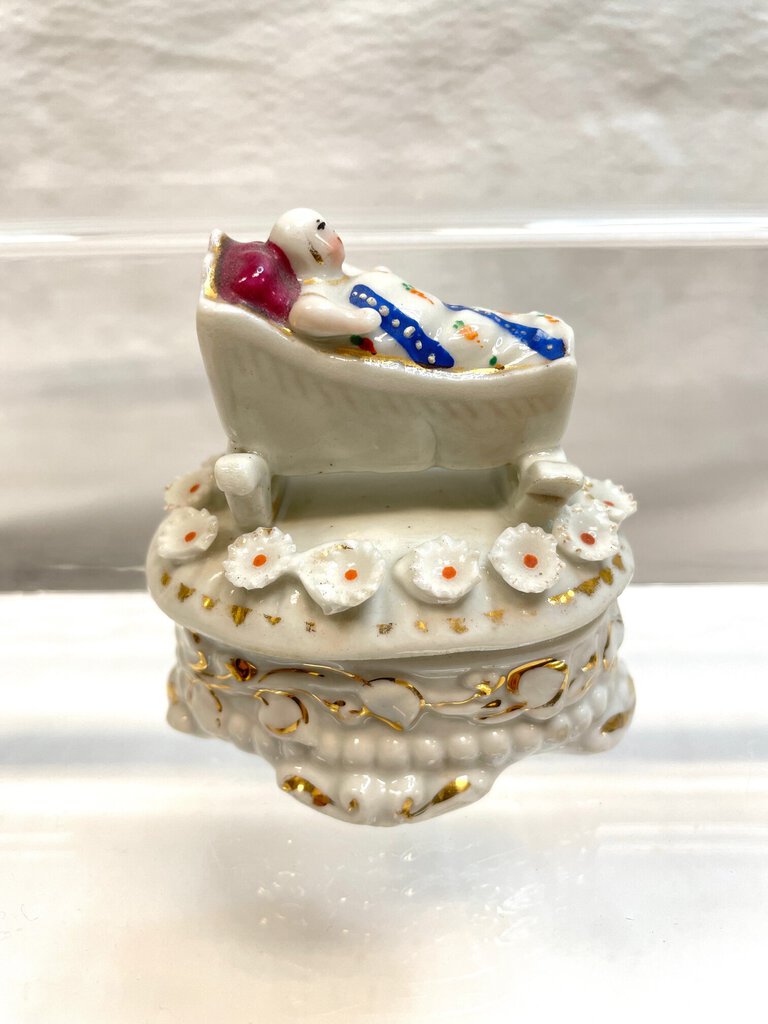 Vintage Victorian Fairing Trinket Box -Baby in a Rocking Basinet