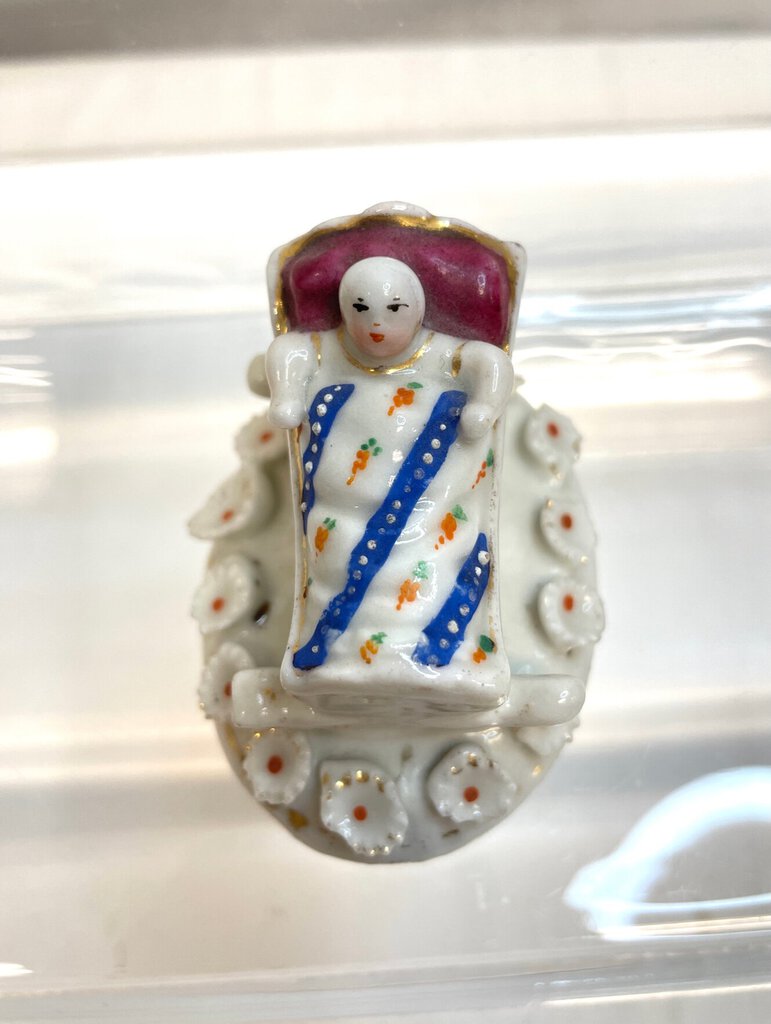 Vintage Victorian Fairing Trinket Box -Baby in a Rocking Basinet