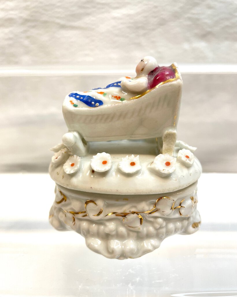 Vintage Victorian Fairing Trinket Box -Baby in a Rocking Basinet