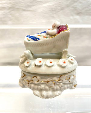 Vintage Victorian Fairing Trinket Box -Baby in a Rocking Basinet