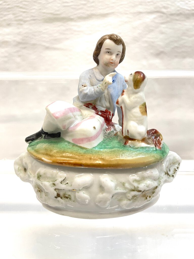 Vintage Victorian Fairing Trinket Box -Boy Training his Dog