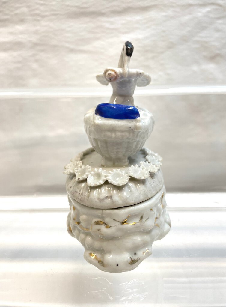 Vintage Victorian Fairing Trinket Box - Stork Delivering a Baby