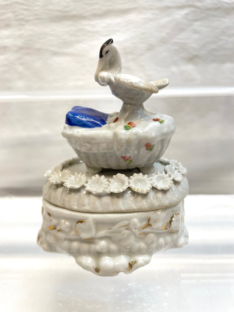 Vintage Victorian Fairing Trinket Box - Stork Delivering a Baby