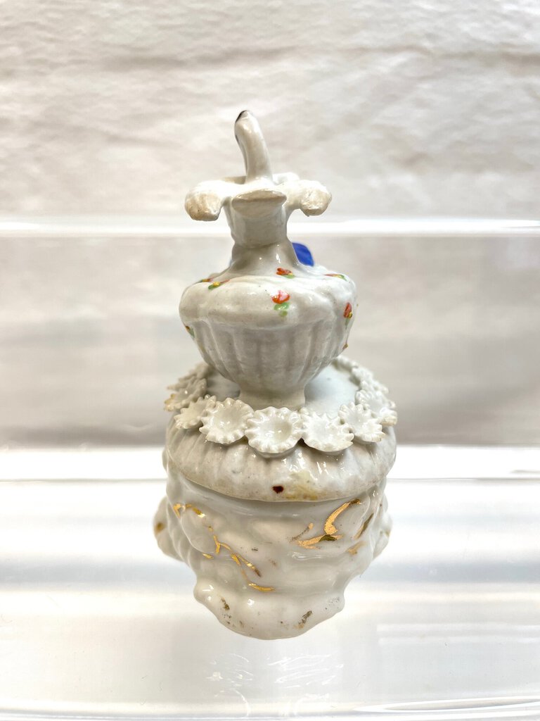 Vintage Victorian Fairing Trinket Box - Stork Delivering a Baby
