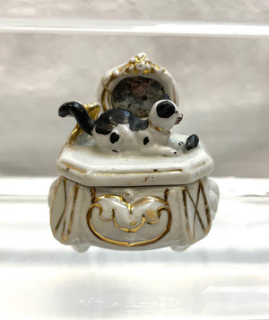 Vintage Victorian Fairing Miniature Trinket Box - Cat with Mouse in front of Mirror