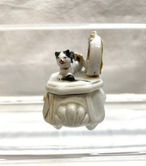 Vintage Victorian Fairing Miniature Trinket Box - Cat with Mouse in front of Mirror