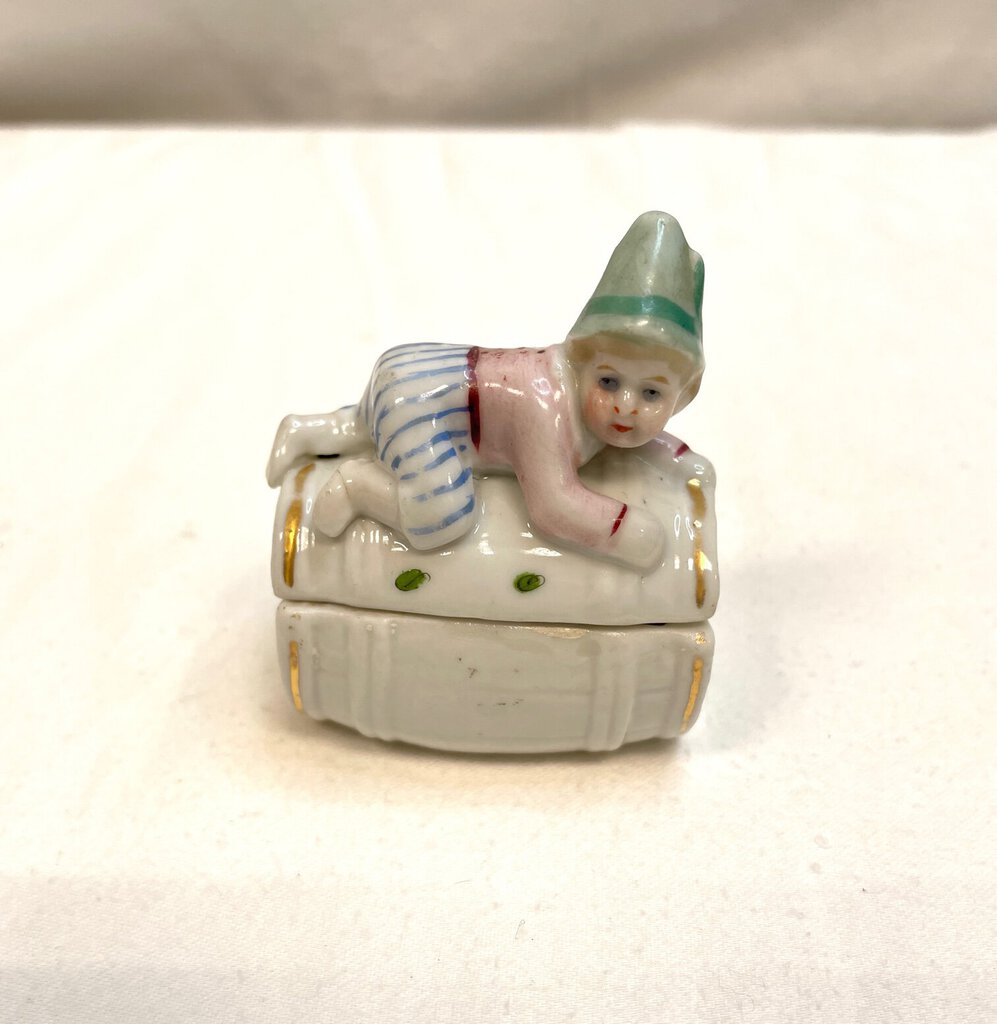 Vintage Victorian Fairing Trinket Box - Child on Barrel