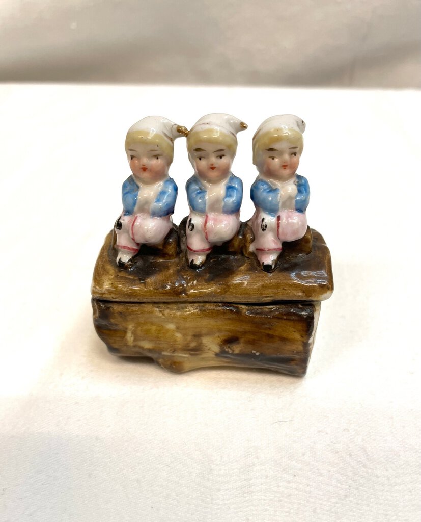 Antique Victorian Fairing Miniature Trinket Box - Three Gnomes on Log