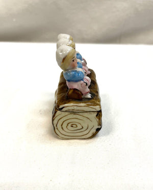 Antique Victorian Fairing Miniature Trinket Box - Three Gnomes on Log