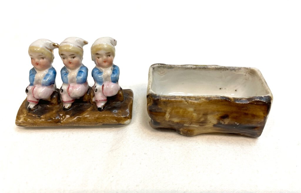 Antique Victorian Fairing Miniature Trinket Box - Three Gnomes on Log