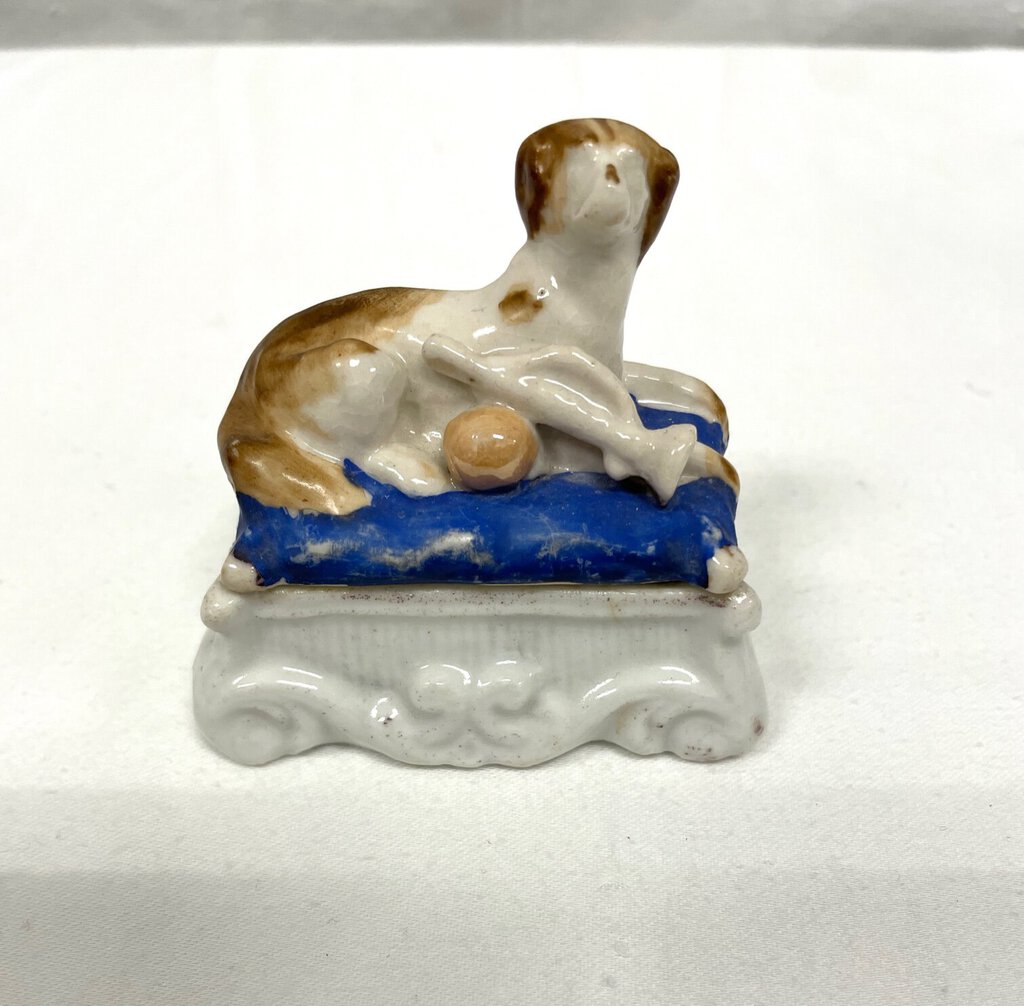 Vintage Victorian Fairing Trinket Box - Dog with Horn & Ball on Cushion