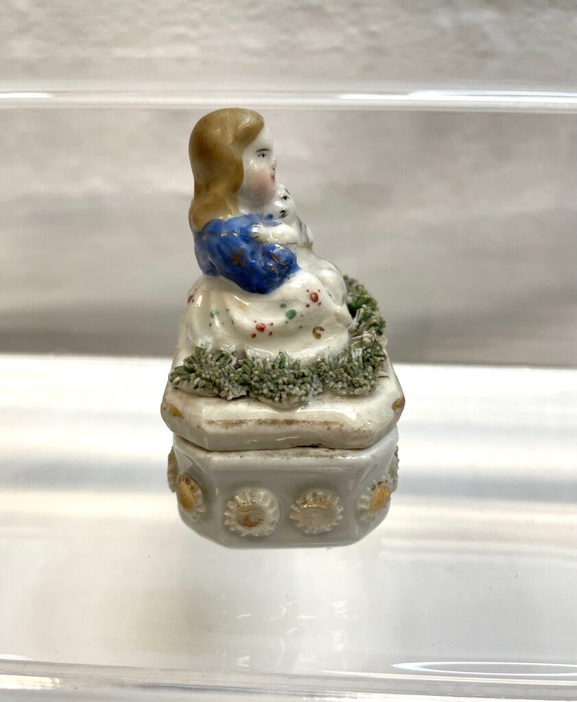 Vintage Victorian Fairing Miniature Trinket Box - Young Girl with Cat