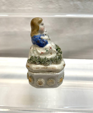 Vintage Victorian Fairing Miniature Trinket Box - Young Girl with Cat