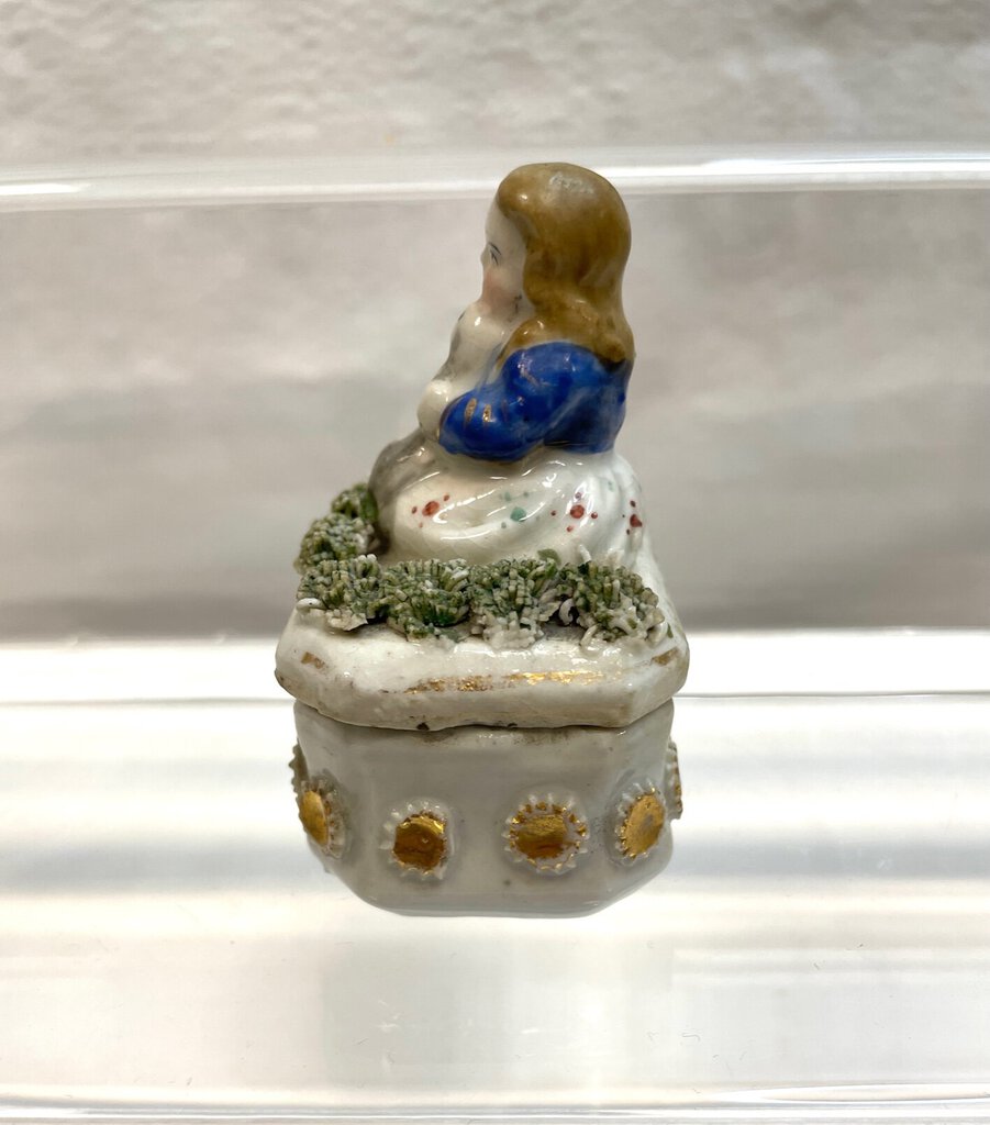 Vintage Victorian Fairing Miniature Trinket Box - Young Girl with Cat