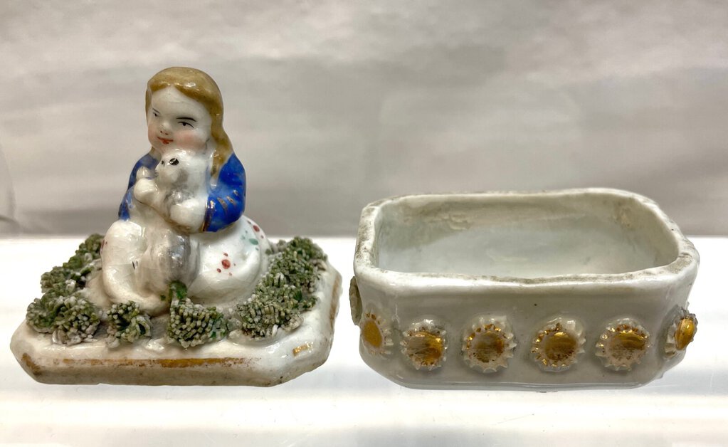 Vintage Victorian Fairing Miniature Trinket Box - Young Girl with Cat
