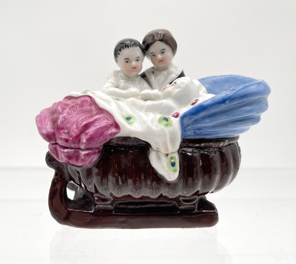 Vintage Victorian Fairing Trinket Box - Siblings Watching Sleeping Baby