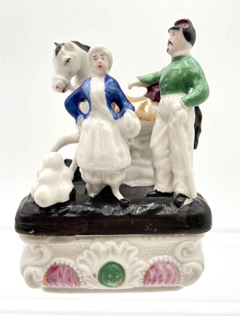 Vintage Victorian Fairing Trinket Box - Woman & Man with Horse