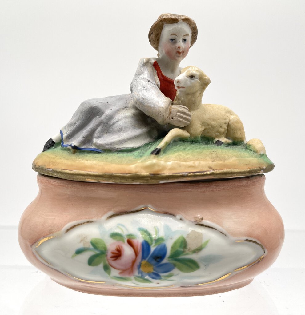 Vintage Victorian Fairing Trinket Box - Young Lady with Lamb