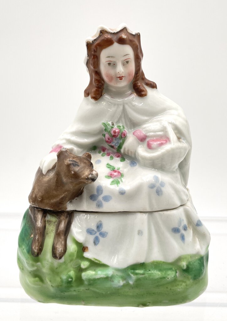 Vintage Victorian Fairing Trinket Box - Woman with Dog