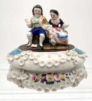 Vintage Large Victorian Fairing Trinket Box - Couple Sitting Arm in Arm