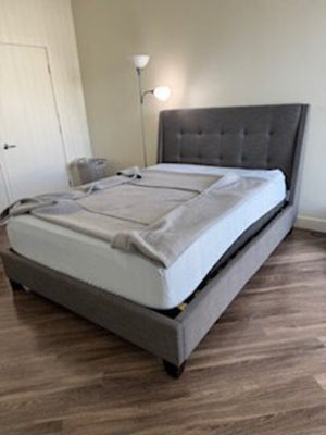 Grey Upholstered Bed (please measure) headboard / sideboards/ slats