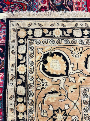 Persian Tabriz Wool on Cotton Rug 13'x24'-The dark blue field with an all over ‘herati’ design, surrounded by a pale apricot border enclosing continuous turtle palmettes alternating with flower heads linked by vines ending in curled leaves.