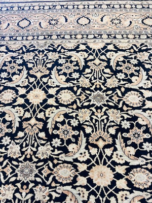 Persian Tabriz Wool on Cotton Rug 13'x24'-The dark blue field with an all over ‘herati’ design, surrounded by a pale apricot border enclosing continuous turtle palmettes alternating with flower heads linked by vines ending in curled leaves.