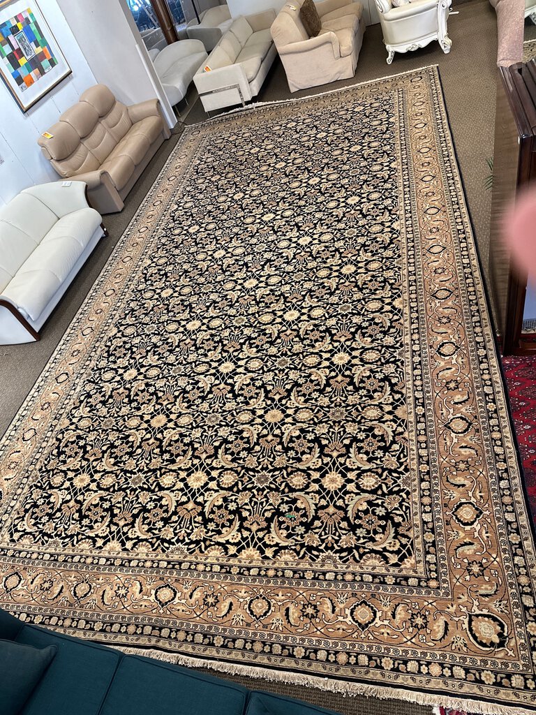 Persian Tabriz Wool on Cotton Rug 13'x24'-The dark blue field with an all over ‘herati’ design, surrounded by a pale apricot border enclosing continuous turtle palmettes alternating with flower heads linked by vines ending in curled leaves.