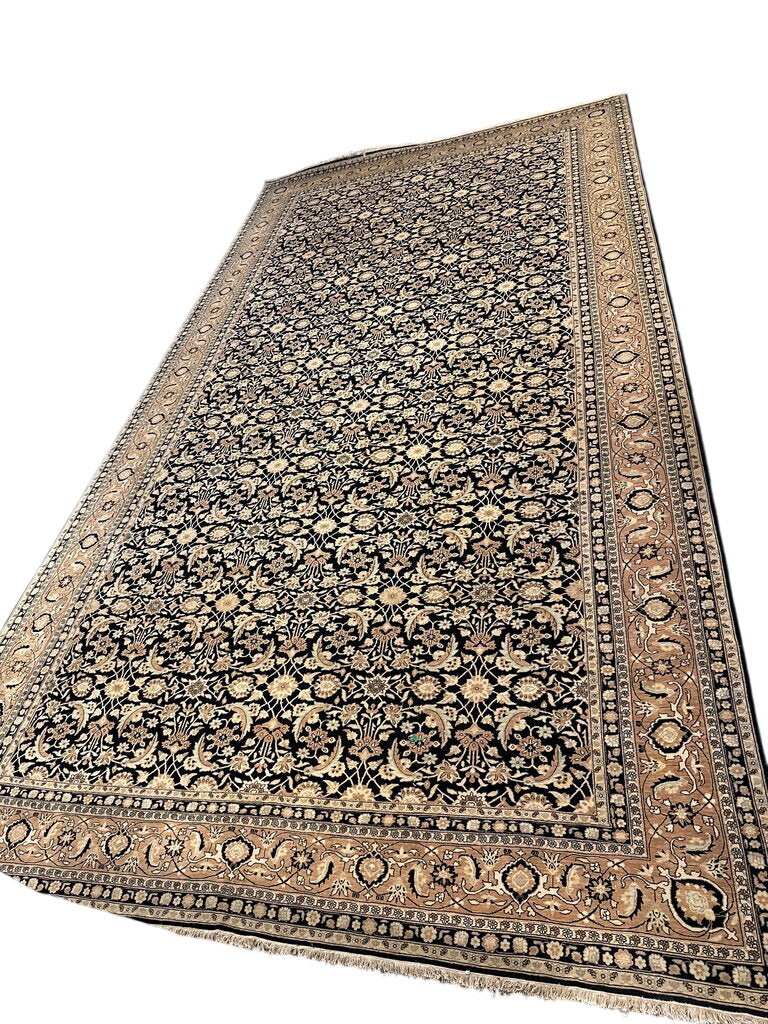 Persian Tabriz Wool on Cotton Rug 13'x24'-The dark blue field with an all over ‘herati’ design, surrounded by a pale apricot border enclosing continuous turtle palmettes alternating with flower heads linked by vines ending in curled leaves.
