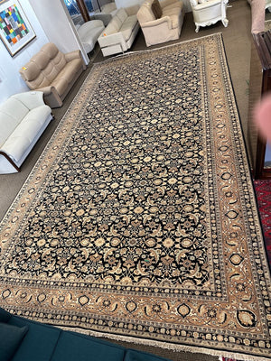 Persian Tabriz Wool on Cotton Rug 13'x24'-The dark blue field with an all over ‘herati’ design, surrounded by a pale apricot border enclosing continuous turtle palmettes alternating with flower heads linked by vines ending in curled leaves.