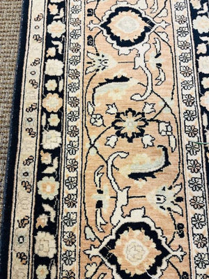 Persian Tabriz Wool on Cotton Rug 13'x24'-The dark blue field with an all over ‘herati’ design, surrounded by a pale apricot border enclosing continuous turtle palmettes alternating with flower heads linked by vines ending in curled leaves.
