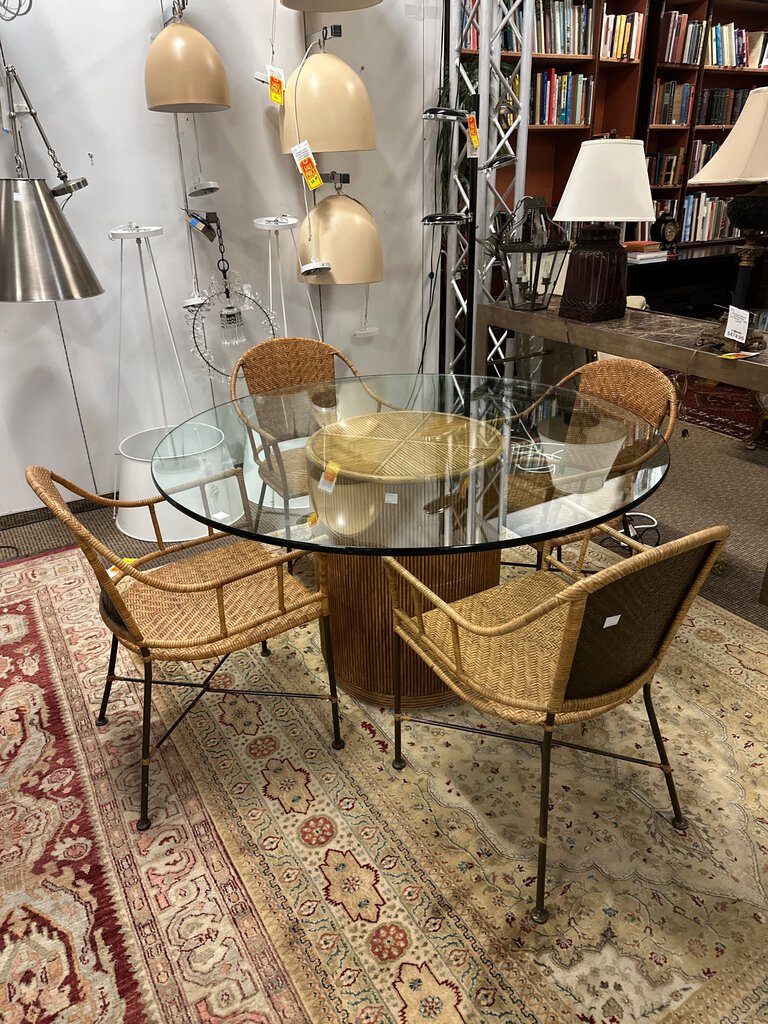 Rattan 54" Glass Top Dining Table + 4 Chairs