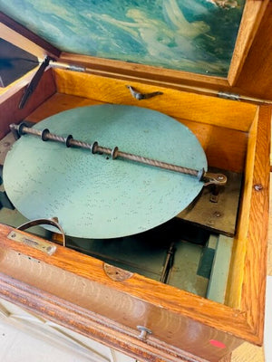 Symphonian Disc Music Box Symphonian Manufacturing NY estimated age 1895 Paneled Oak with multiple discs in good working condition