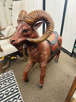 Antique Carved Carousel Style Ram 46x17x44- This is an antique hand carved and painted wooden Carousel style Ram/Big Horn Sheep made in the early 20th century.