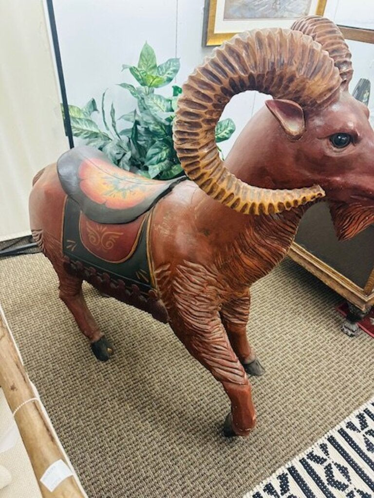 Antique Carved Carousel Style Ram 46x17x44- This is an antique hand carved and painted wooden Carousel style Ram/Big Horn Sheep made in the early 20th century.