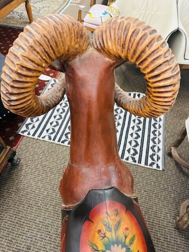 Antique Carved Carousel Style Ram 46x17x44- This is an antique hand carved and painted wooden Carousel style Ram/Big Horn Sheep made in the early 20th century.