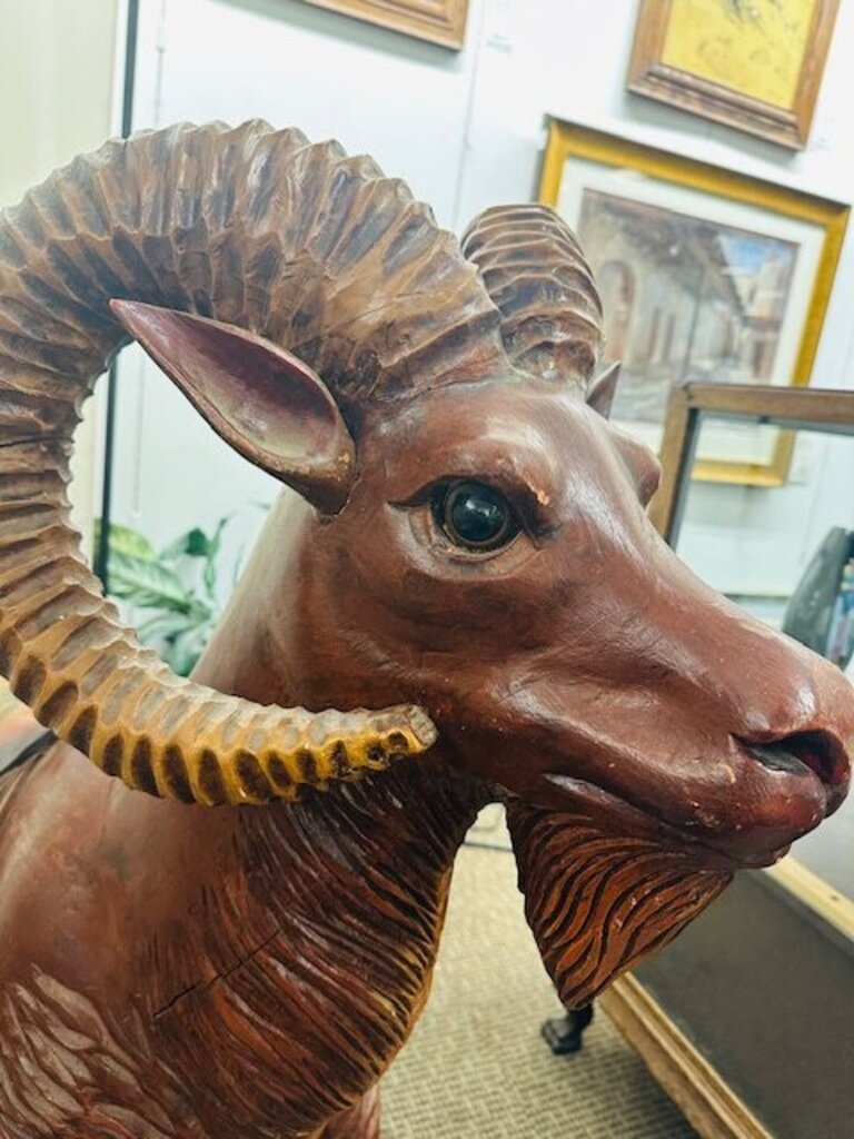 Antique Carved Carousel Style Ram 46x17x44- This is an antique hand carved and painted wooden Carousel style Ram/Big Horn Sheep made in the early 20th century.