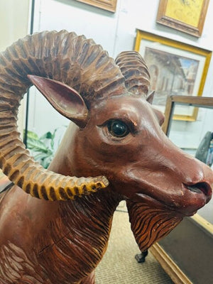 Antique Carved Carousel Style Ram 46x17x44- This is an antique hand carved and painted wooden Carousel style Ram/Big Horn Sheep made in the early 20th century.