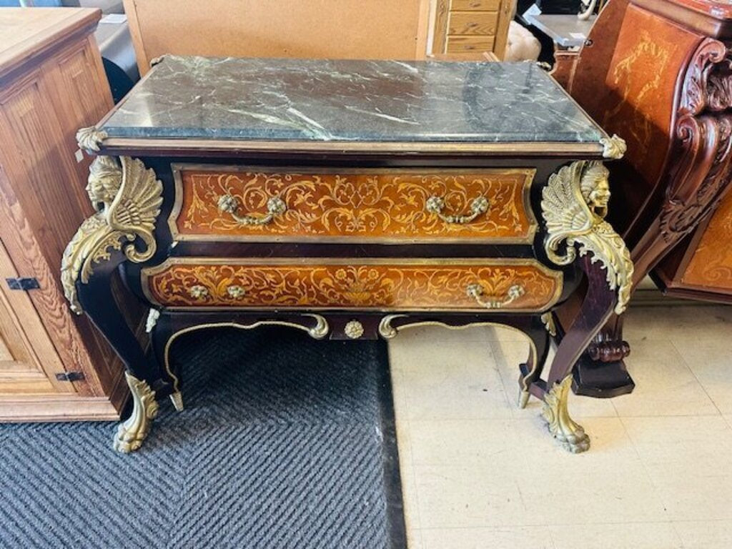 French Louis XV Revival Marble Top Commode With Intricate Floral Marquetry Work 46x21x33