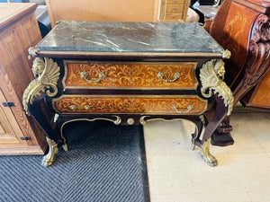 French Louis XV Revival Marble Top Commode With Intricate Floral Marquetry Work 46x21x33
