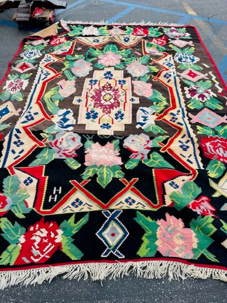 Vintage Bessarabian Black Red Green Wool Kilim Rug 95x126