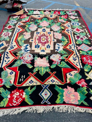 Vintage Bessarabian Black Red Green Wool Kilim Rug 95x126